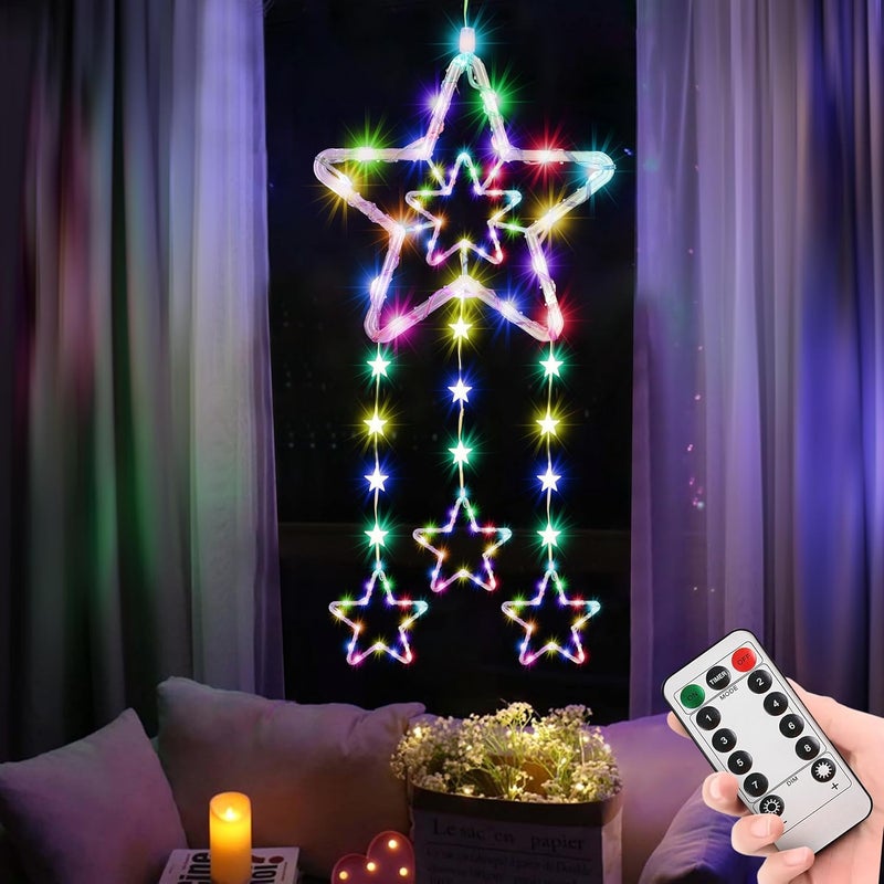 Gesto أضواء ستارة النجوم المعلقة – 1 نجمة كبيرة، 3 نجوم متوسطة و10 نجوم صغيرة مع 8 أوضاع إضاءة وجهاز تحكم عن بعد | أضواء نجوم زينة للمنزل، الشرفة، عيد الميلاد وزينة ديوالي (RGB متعددة الألوان) - Image 1