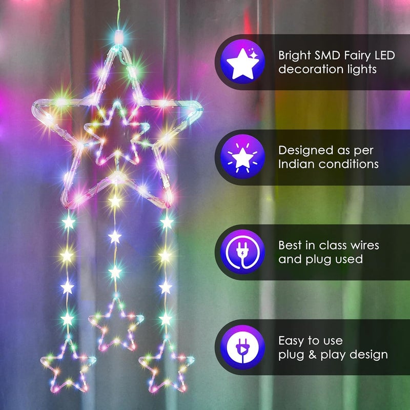 Gesto أضواء ستارة النجوم المعلقة – 1 نجمة كبيرة، 3 نجوم متوسطة و10 نجوم صغيرة مع 8 أوضاع إضاءة وجهاز تحكم عن بعد | أضواء نجوم زينة للمنزل، الشرفة، عيد الميلاد وزينة ديوالي (RGB متعددة الألوان) - Image 4