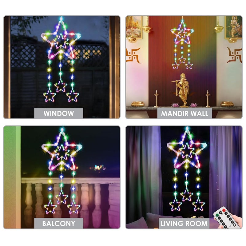 Gesto أضواء ستارة النجوم المعلقة – 1 نجمة كبيرة، 3 نجوم متوسطة و10 نجوم صغيرة مع 8 أوضاع إضاءة وجهاز تحكم عن بعد | أضواء نجوم زينة للمنزل، الشرفة، عيد الميلاد وزينة ديوالي (RGB متعددة الألوان) - Image 5