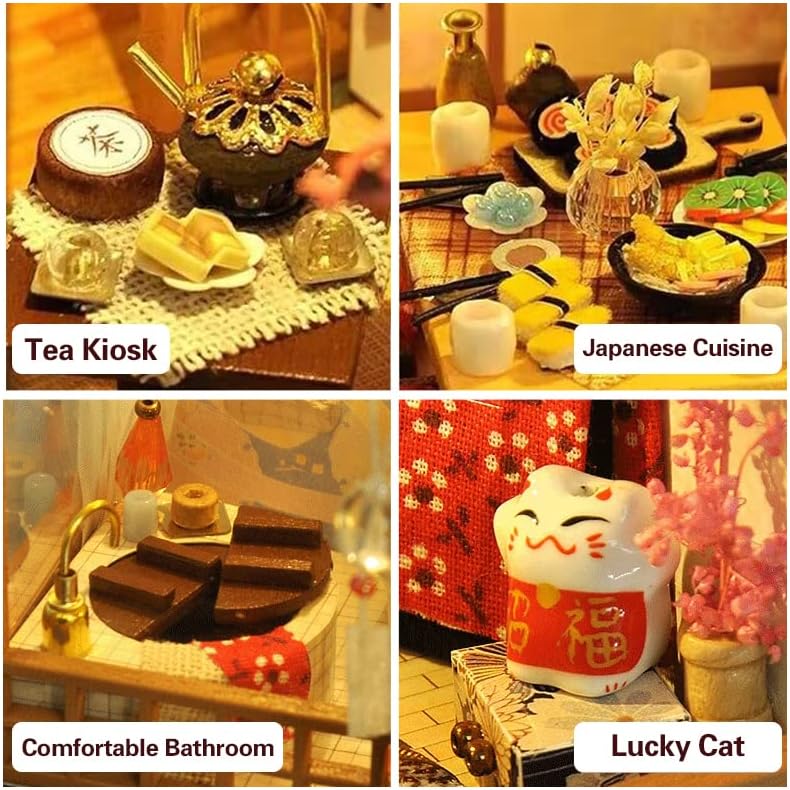 كيوت بي CUTEBEE بيت الدمى المصغر مع الأثاث، طقم بيت الدمى الخشبي DIY مع حماية من الغبار، فكرة غرفة إبداعية (بيت الحديقة اليابانية) - Image 3