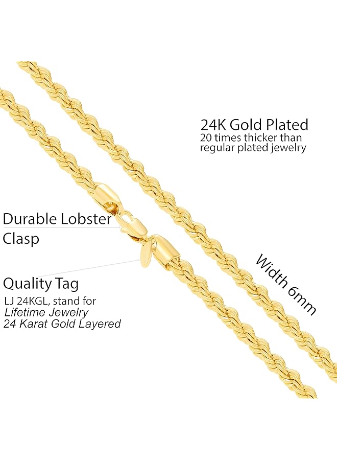 Lifetime Jewelry 6Mm Rope Chain Necklace For Men & Women 24K Real Gold Plated With Free Lifetime Replacement Guarantee - Image 4