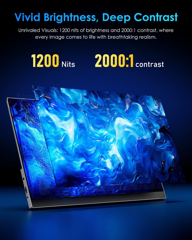 Yodoit 4K Portable Monitor, 16" 3840×2400 UHD IPS Travel Screen 1200nit Sunlight-Readable with 145% sRGB, 2000:1 Contrast for Photo Editing Outdoor Work Compatible with Laptop PC Mac PS5 Black - Image 2