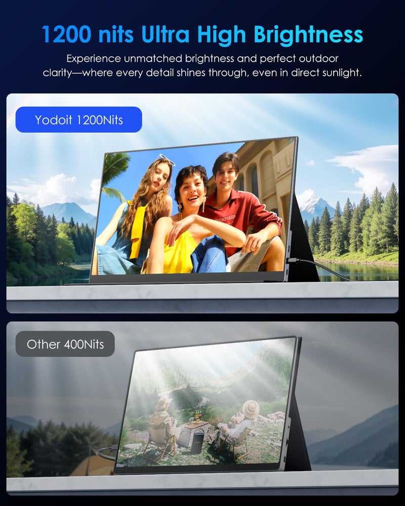 Yodoit 4K Portable Monitor, 16" 3840×2400 UHD IPS Travel Screen 1200nit Sunlight-Readable with 145% sRGB, 2000:1 Contrast for Photo Editing Outdoor Work Compatible with Laptop PC Mac PS5 Black - Image 3