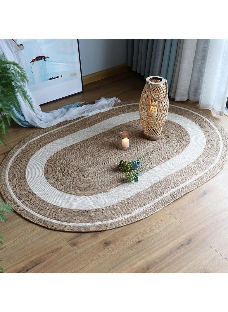 LINGWEI Handwoven Oval Jute Area Rug with White Line Multicolour - Image 3