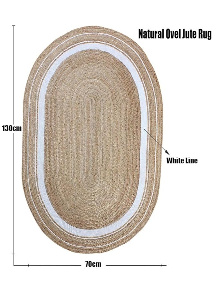 LINGWEI Handwoven Oval Jute Area Rug with White Line Multicolour - Image 5