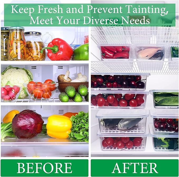 CR18 COLLECTION CR18 COLLECTION Fridge Storage Boxes Fridge Organizer with Removable Drain Plate Fridge Storage Containers Keeps Fruits Vegetables Meat Fish Fresh Longer 1500 ML Container Box 8  - Image 4