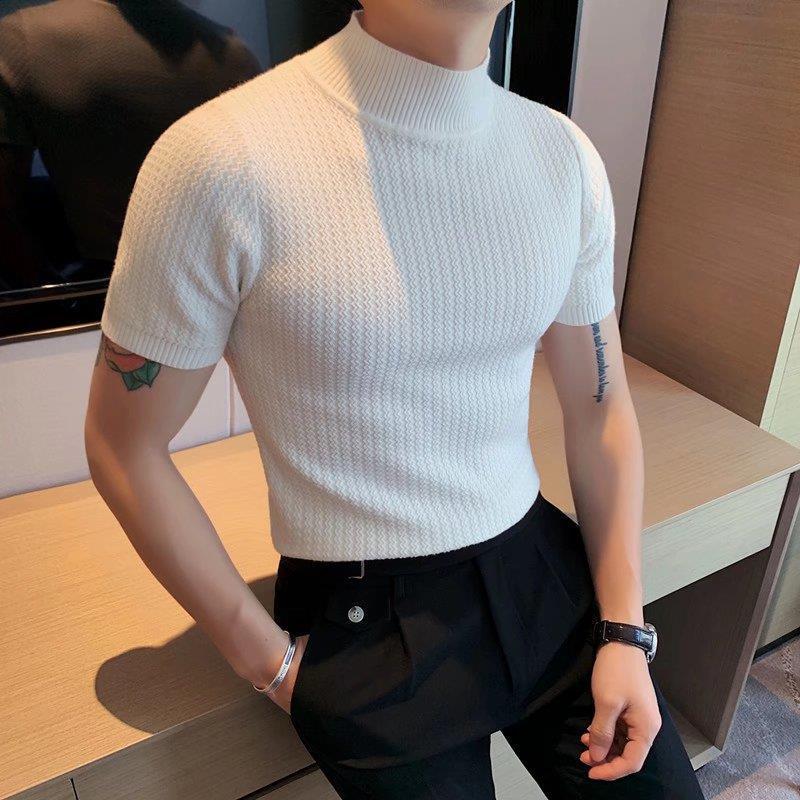 Spring/Summer 2023 Short-Sleeved T-Shirt Men'S Elastic Half-Turtleneck Knitted Bottoming Shirt Youth Half-Sleeved Casual T-Shirt - Image 2