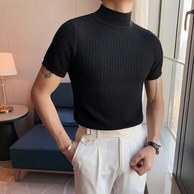Spring/Summer 2023 Short-Sleeved T-Shirt Men'S Elastic Half-Turtleneck Knitted Bottoming Shirt Youth Half-Sleeved Casual T-Shirt - Image 5