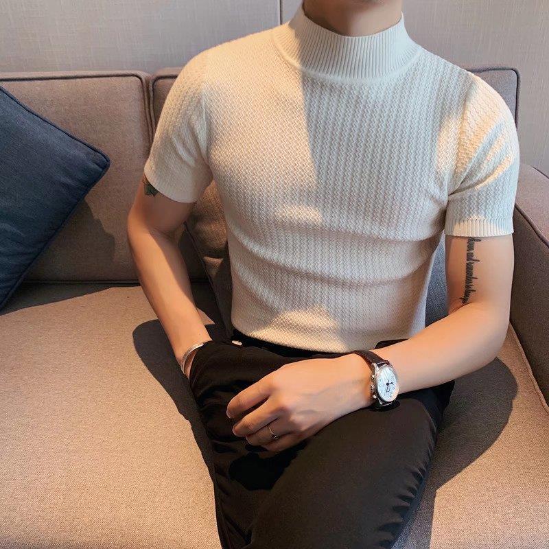 Spring/Summer 2023 Short-Sleeved T-Shirt Men'S Elastic Half-Turtleneck Knitted Bottoming Shirt Youth Half-Sleeved Casual T-Shirt - Image 4