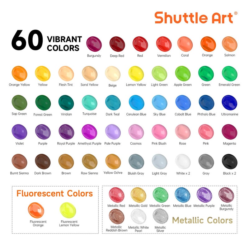 Shuttle Art 72 Pack Acrylic Paint Set, Shuttle Art 60 Colors Acrylic Paint Including Extra White Black & 12 Brushes, 2oz/60ml, Rich Pigmented, Water Proof, Ideal for Artists, Beginners on Canvas Rock Wood Ceramic - Image 4