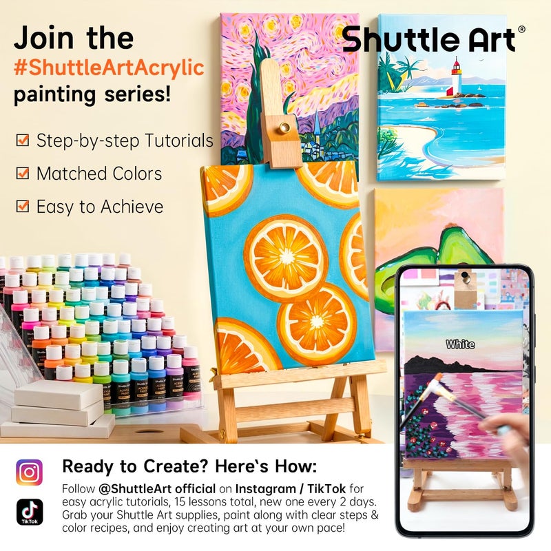 Shuttle Art 72 Pack Acrylic Paint Set, Shuttle Art 60 Colors Acrylic Paint Including Extra White Black & 12 Brushes, 2oz/60ml, Rich Pigmented, Water Proof, Ideal for Artists, Beginners on Canvas Rock Wood Ceramic - Image 3
