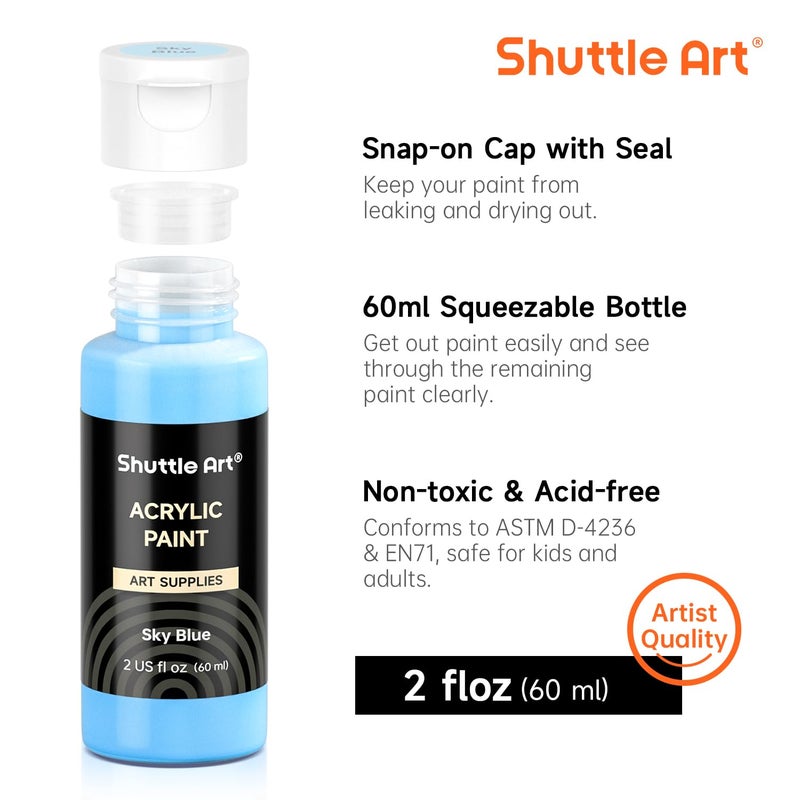 Shuttle Art 72 Pack Acrylic Paint Set, Shuttle Art 60 Colors Acrylic Paint Including Extra White Black & 12 Brushes, 2oz/60ml, Rich Pigmented, Water Proof, Ideal for Artists, Beginners on Canvas Rock Wood Ceramic - Image 5
