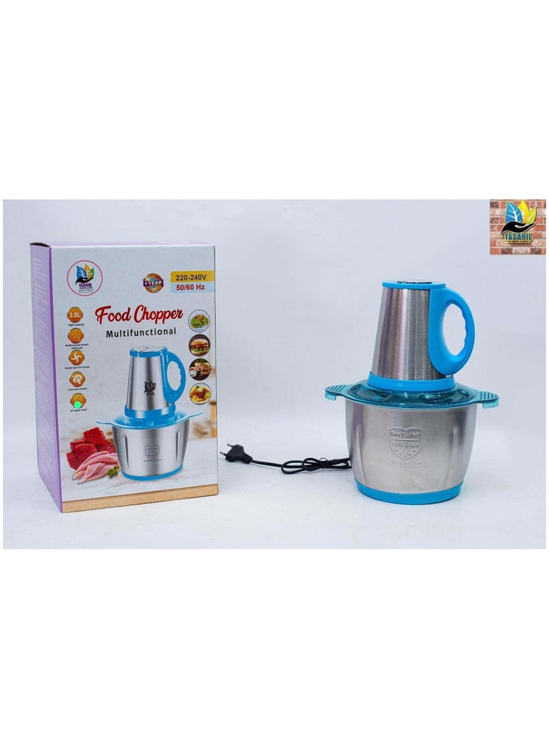 Turkish food grinder with 3 speeds and a capacity of 1400 watts, high quality, with 4 fast stainless steel blades, and a 240 volt, unbreakable chopper that can crush ice, capacity of 3 liters - Turkis