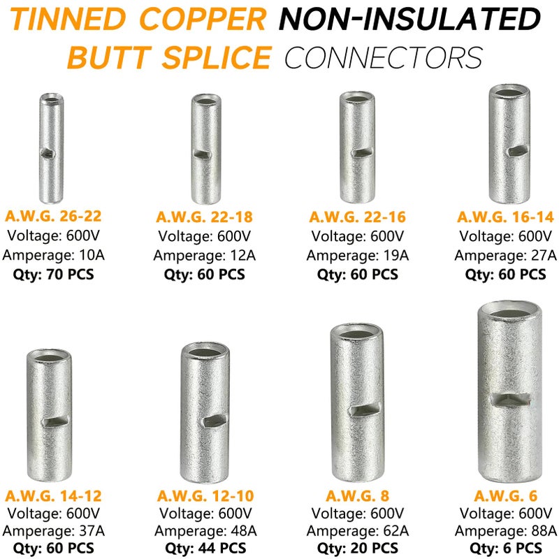 SVAAR 380PCS Non Insulated Butt Connectors Kit Butt Splice Connector Uninsulated Wire Splice Connectors for 26 to 6 Gauge Wire Marine Grade Tinned Copper Seamless Barrel Crimp Butt Splice Terminals - Image 2