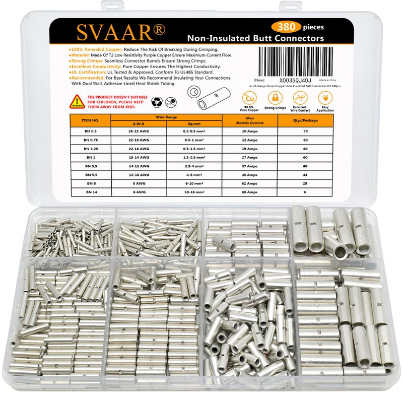 SVAAR 380PCS Non Insulated Butt Connectors Kit Butt Splice Connector Uninsulated Wire Splice Connectors for 26 to 6 Gauge Wire Marine Grade Tinned Copper Seamless Barrel Crimp Butt Splice Terminals - Image 1