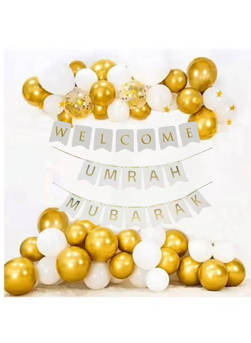 Boxwoods Umrah Mubarak Foil Banner With Chrome Gold Confetti And White Balloons Party Decoration Set - Image 1