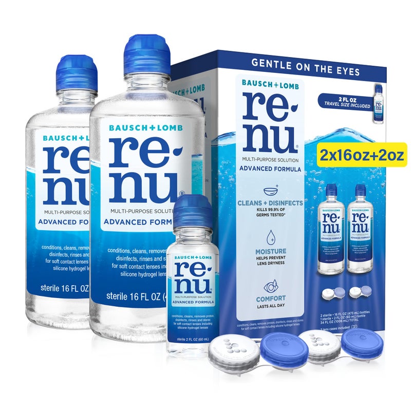 Renu Renu Contact Lens Solution Multipurpose Disinfectant, Advanced Formula Lens Cleaner, Cleans & Moisturizes Soft & Silicon Hydrogel Lenses, Multi-Pack 16 Fl Oz (Pack of 2) + 2 Fl Oz Travel Size  - Image 1