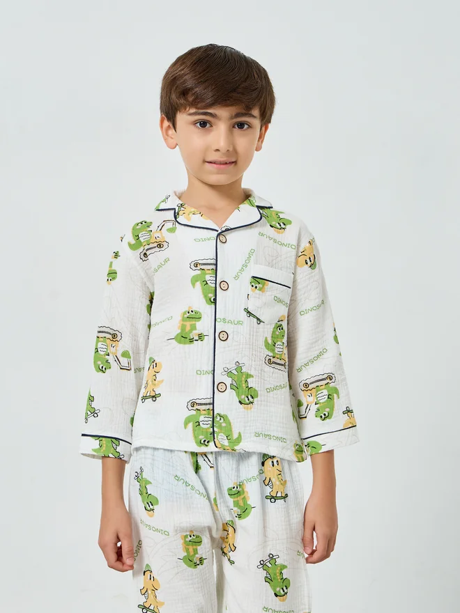 Styli Styli Boys Dino Print Button Front Shirt and Pjyama Set