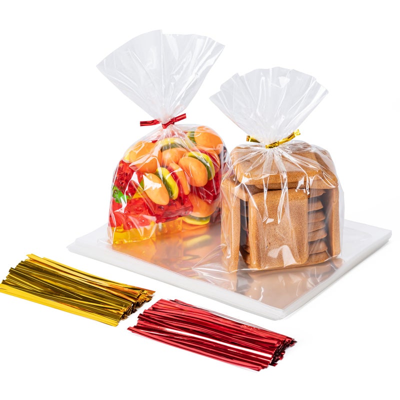 Aegero Cello Cellophane Treat Bags, 200 Pcs 5x7 Inches Clear Cellophane Bags with 200 Twist Ties for Gift Wrapping,Packaging Candies,Dessert,Bakery,Party Favors - Image 1
