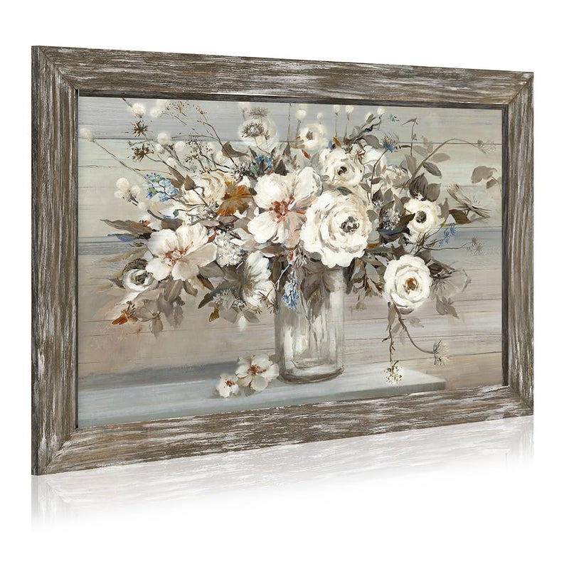 Dream Land Floral Bouquet Wooden Framed Picture Vintage Botanical Flowers in Crystal Vase Wall Art Artwork Print Rustic Abstract Nature Plant Painting for Living Room Bedroom Farmhouse - Image 2