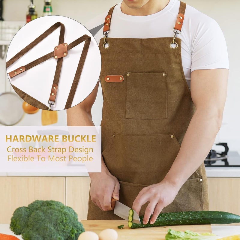Aoomzoon Canvas Aprons for Men Chef Apron, Work Apron with Large Pockets - 16oz Heavy Duty Cross Back, BBQ, Cooking - Image 2