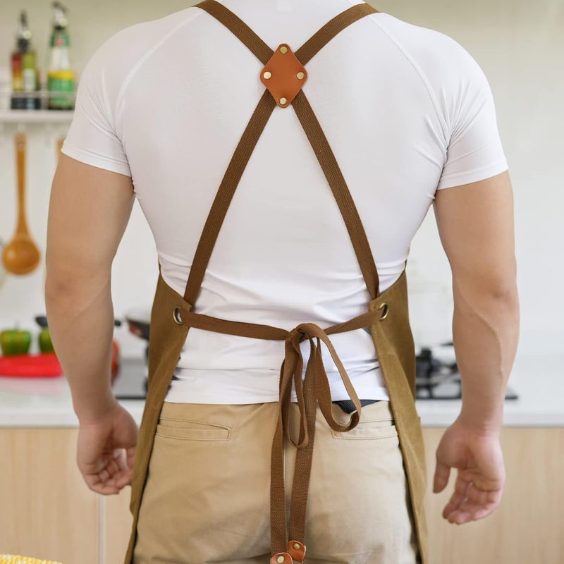 Aoomzoon Canvas Aprons for Men Chef Apron, Work Apron with Large Pockets - 16oz Heavy Duty Cross Back, BBQ, Cooking - Image 5