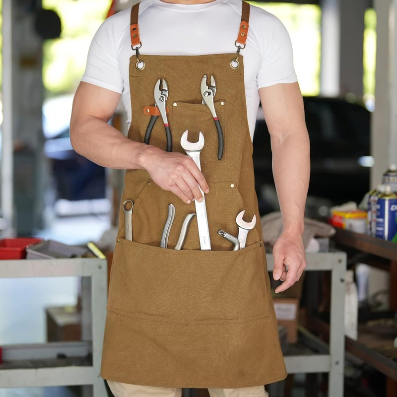 Aoomzoon Canvas Aprons for Men Chef Apron, Work Apron with Large Pockets - 16oz Heavy Duty Cross Back, BBQ, Cooking - Image 4