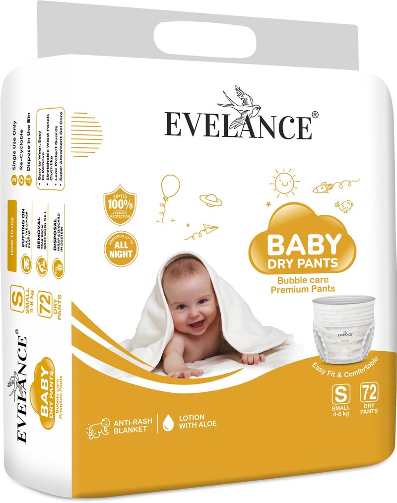 Evelance Premium Baby Pants, Size S, 72 diapers, an anti-rash blanket, and Aleo vera lotion, for 4-8 kgs baby, easy fit and fast absorption (Pack of 1) - Image 1
