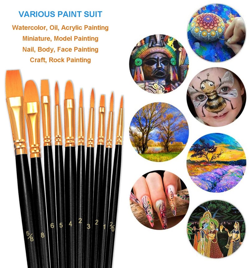 BOSOBO Paint Brushes Set, 10 Pieces Round Pointed Tip Paintbrushes Nylon Hair Artist Acrylic Paint Brushes for Acrylic Oil Watercolor, Face Nail Body Art, Miniature Detailing & Rock Painting, Black - Image 5