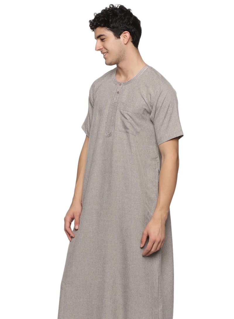 U.S. ELK Men's Round Neck Short Sleeves Jalabiya for Men - Men's Short Sleeve Robe/Thobe - Beige - Image 2