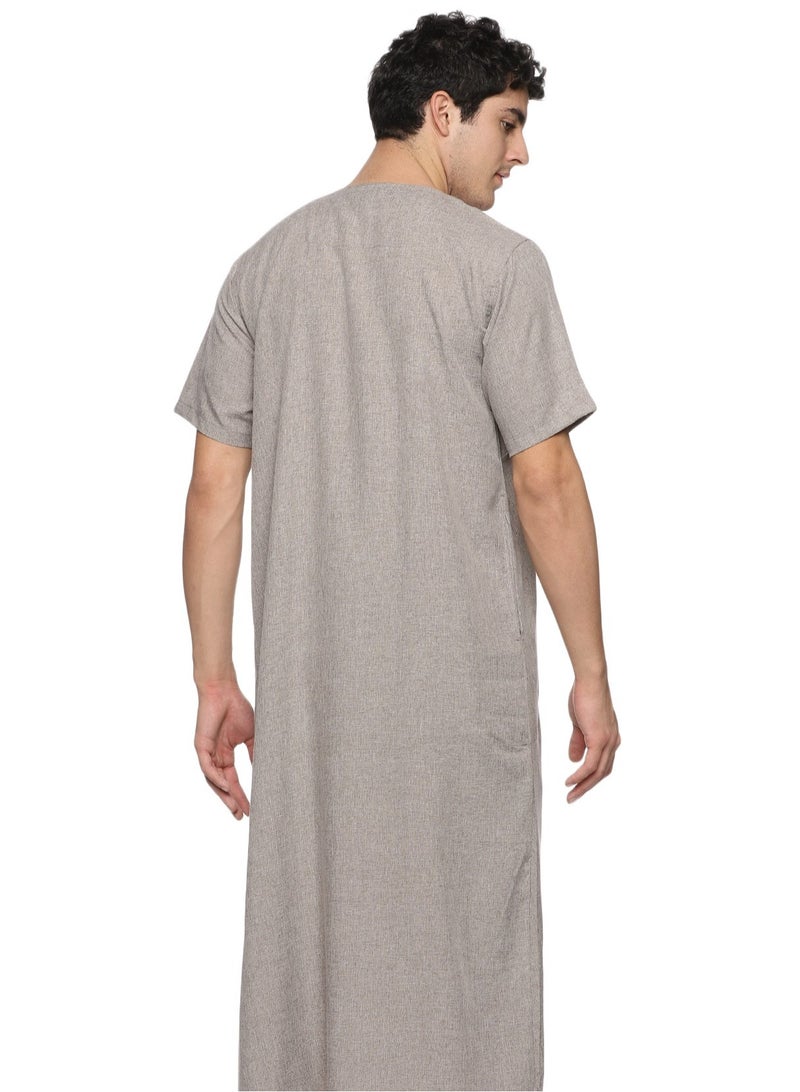 U.S. ELK Men's Round Neck Short Sleeves Jalabiya for Men - Men's Short Sleeve Robe/Thobe - Beige - Image 3