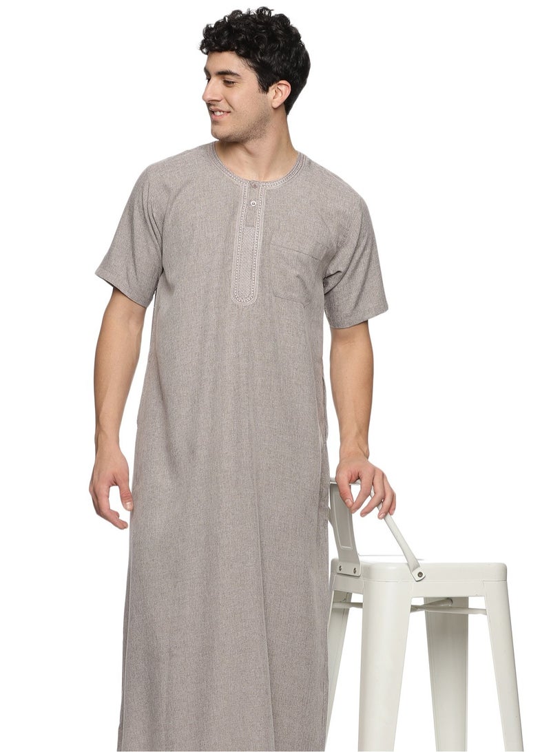 U.S. ELK Men's Round Neck Short Sleeves Jalabiya for Men - Men's Short Sleeve Robe/Thobe - Beige - Image 4