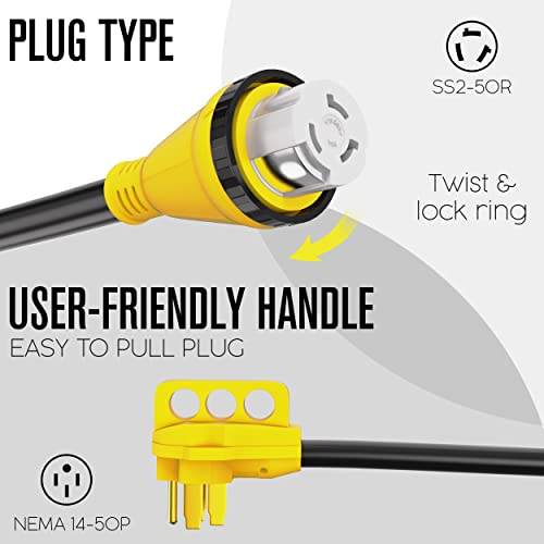 Houseables 50 Amp RV Extension Cord, Power Cords, 30 Ft Long, 1 Pack, Black, Yellow, SS2-50R Female Adaptor, 14-50P Male Plug, 50A Compatible, PVC, STW, w/Handle, for Camper, Motorhome, UL Certified - Image 2
