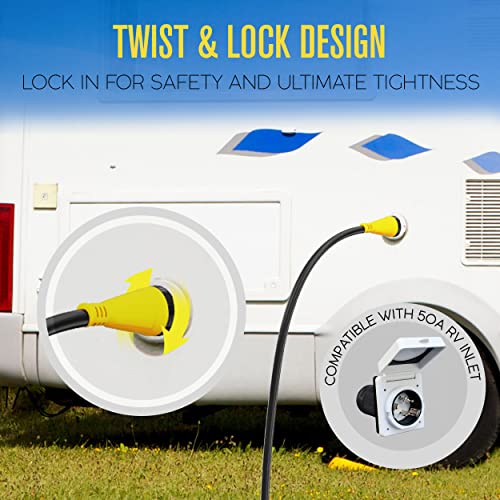 Houseables 50 Amp RV Extension Cord, Power Cords, 30 Ft Long, 1 Pack, Black, Yellow, SS2-50R Female Adaptor, 14-50P Male Plug, 50A Compatible, PVC, STW, w/Handle, for Camper, Motorhome, UL Certified - Image 4