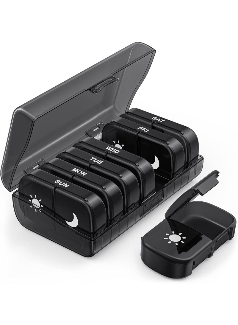 Portable Travel Pillbox, Extra-large Capacity Weekly Pillbox, Twice Daily, 7-Day Supply, Convenient for Storing Medications, Black for Privacy, Morning and Evening Pillbox, Suitable for Vitamins, Medicines, Health Supplements, fish oil, etc. (Black) - Image 1