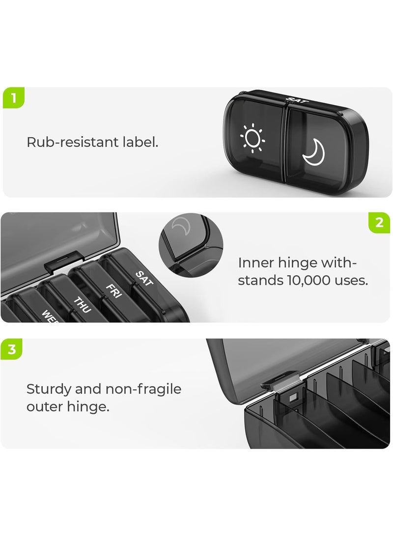 Portable Travel Pillbox, Extra-large Capacity Weekly Pillbox, Twice Daily, 7-Day Supply, Convenient for Storing Medications, Black for Privacy, Morning and Evening Pillbox, Suitable for Vitamins, Medicines, Health Supplements, fish oil, etc. (Black) - Image 2