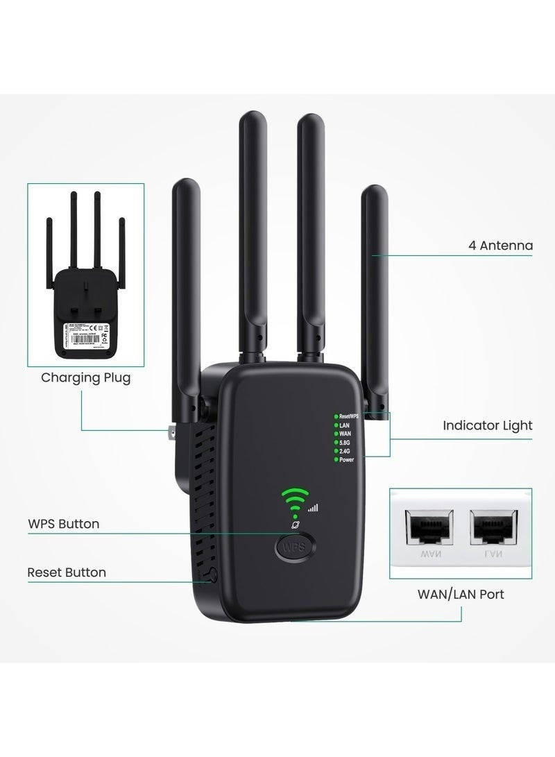 NH 1200Mbps Dual Band WiFi Extender (Black) - 5G/2.4G WiFi Signal Repeater, One-Click Setup, Plug and Play, Wall-Penetrating Signal Boost - Image 4