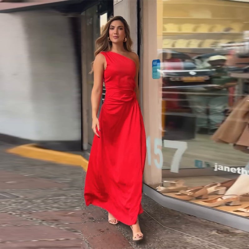 Women'S Slant Collar Sleeveless Slim Waist Long Dress - Image 1