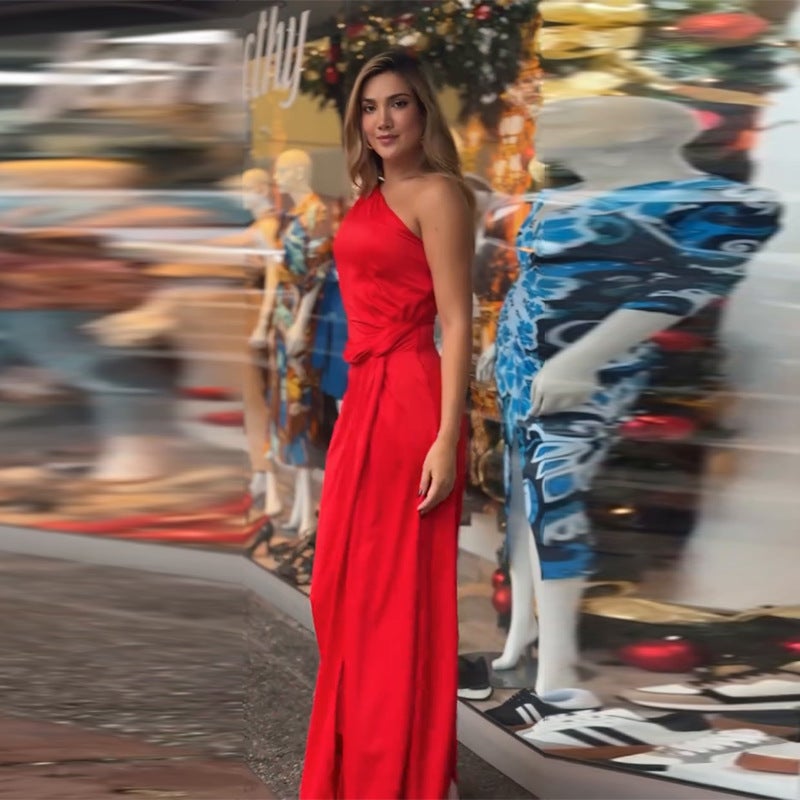 Women'S Slant Collar Sleeveless Slim Waist Long Dress - Image 3