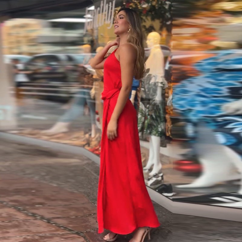 Women'S Slant Collar Sleeveless Slim Waist Long Dress - Image 4