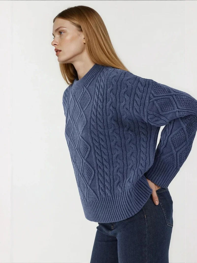 HICCUP Hair Braid Detailed Crew Neck Sweater