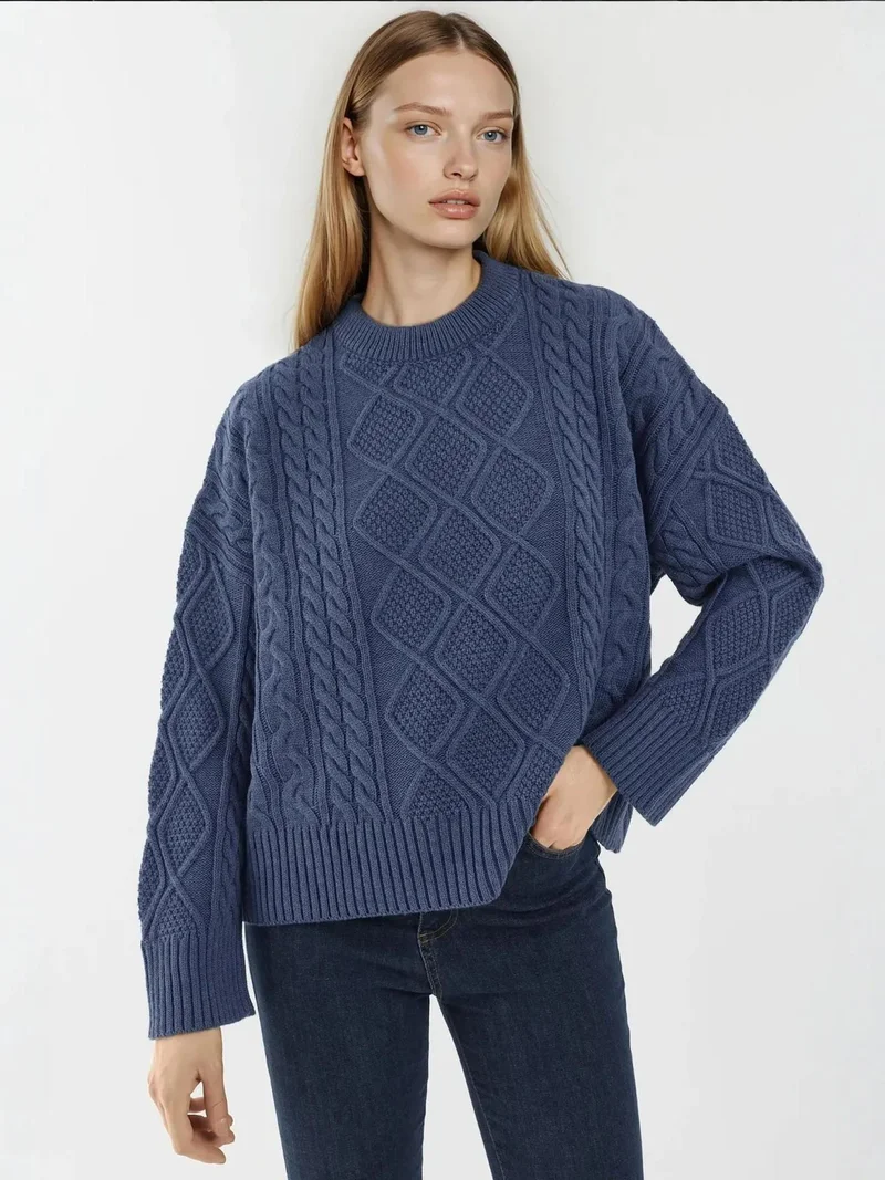HICCUP Hair Braid Detailed Crew Neck Sweater
