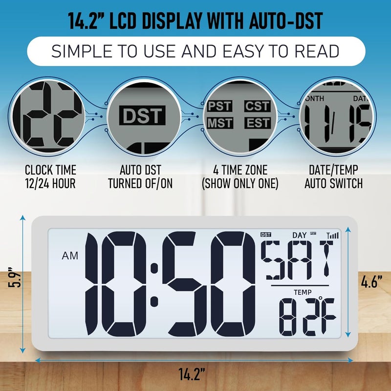 TXL Atomic Clock with Backlight, 14.2" Digital Wall Clock, Battery Operated, Large Display with Day, Date & Temperature, Bedroom, Living Room, Office - Image 3