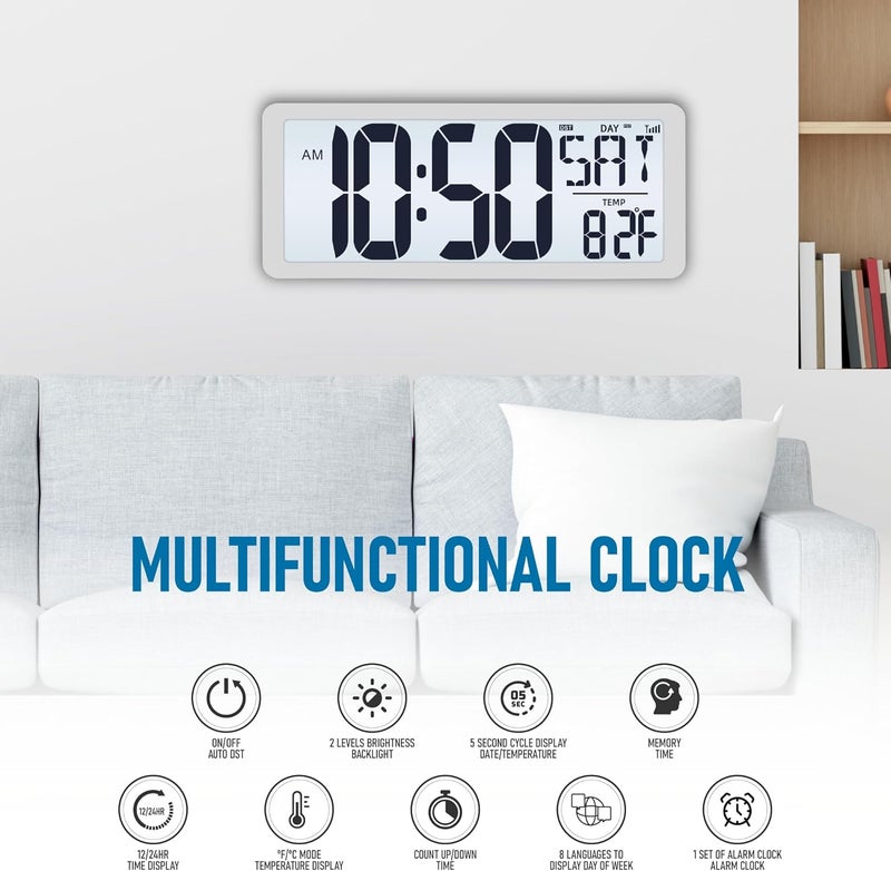TXL Atomic Clock with Backlight, 14.2" Digital Wall Clock, Battery Operated, Large Display with Day, Date & Temperature, Bedroom, Living Room, Office - Image 1