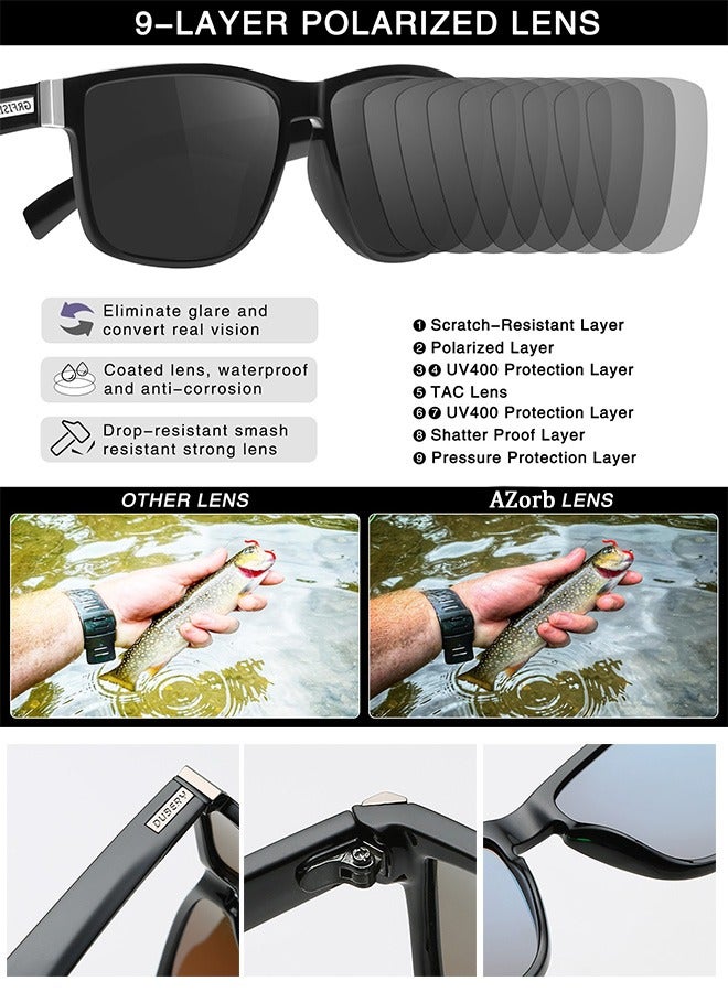 AZorb Men's Polarized Sunglasses for Men Women Square Lens Retro Sun Glassess UV Protection Eye Glasses Accessories Classic Design for Sports Driving Cycling Fishing Traveling Black - Image 2