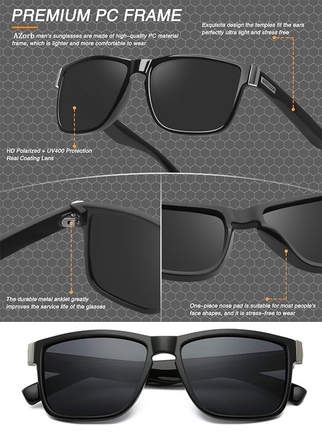 AZorb Men's Polarized Sunglasses for Men Women Square Lens Retro Sun Glassess UV Protection Eye Glasses Accessories Classic Design for Sports Driving Cycling Fishing Traveling Black - Image 3