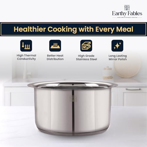 Earthy Fables Stainless Steel Heavy Bottom Tope/Patila/Bhogona/Tapia for Milk, Boiling, Better Nutrition & Heat Distribution, Uses Less Oil & Gas, Stove & Induction Bottom, 22 cm, 4.5L - Image 3