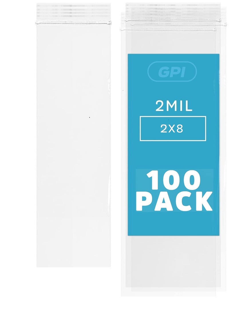 GPI 2" x 8" Long Zip Bags, 100 Pack, Clear Plastic Reclosable Zip Baggies, 2 Mil Thick, Resealable Poly Bags for Packaging Insence, Necklaces, Jewelry & Office Supplies. GPI - Image 1