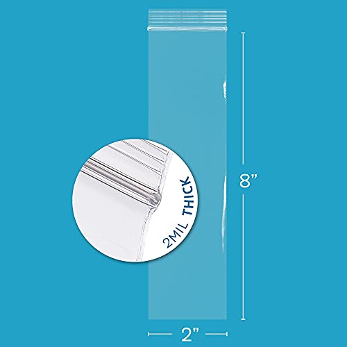 GPI 2" x 8" Long Zip Bags, 100 Pack, Clear Plastic Reclosable Zip Baggies, 2 Mil Thick, Resealable Poly Bags for Packaging Insence, Necklaces, Jewelry & Office Supplies. GPI - Image 2