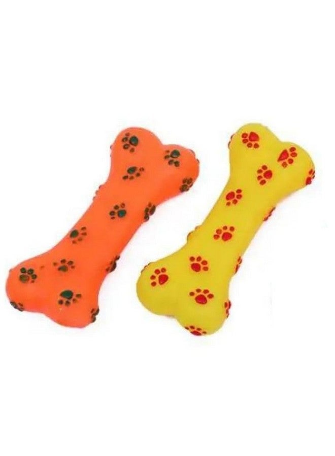 Pets Product Colorful Squeaky Rubber Non Toxic Sound & Chew Bone Toy With Paw Prints For Puppies & Small Dogs (Color May Vary) Pack Of 1 - Image 1